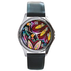 Flower Floral Sunflower Rose Color Rainbow Circle Polka Round Metal Watch by Mariart