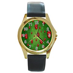 Ladybugs Red Leaf Green Polka Animals Insect Round Gold Metal Watch by Mariart