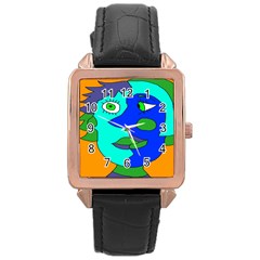 Visual Face Blue Orange Green Mask Rose Gold Leather Watch 