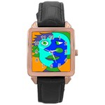 Visual Face Blue Orange Green Mask Rose Gold Leather Watch  Front