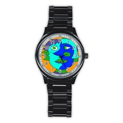 Visual Face Blue Orange Green Mask Stainless Steel Round Watch