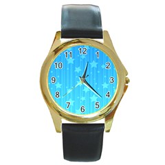 Star Blue Sky Space Line Vertical Light Round Gold Metal Watch by Mariart