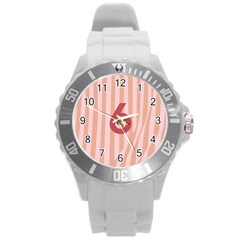 Number 6 Line Vertical Red Pink Wave Chevron Round Plastic Sport Watch (l)