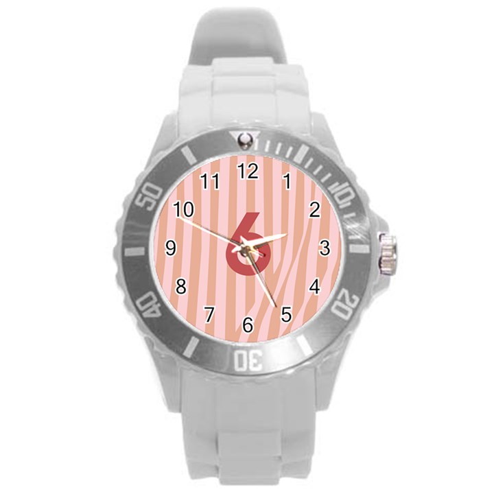 Number 6 Line Vertical Red Pink Wave Chevron Round Plastic Sport Watch (L)