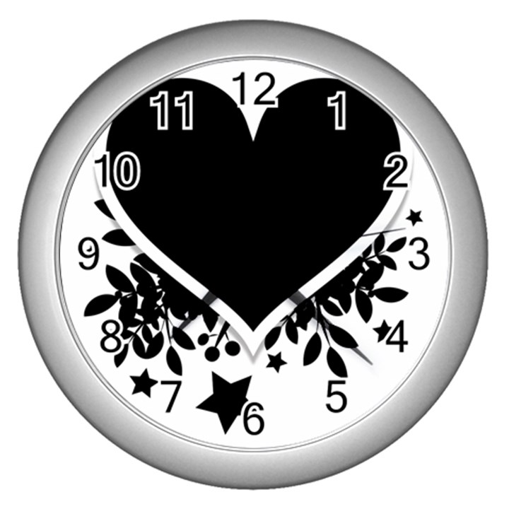 Silhouette Heart Black Design Wall Clocks (Silver) 