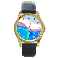 Aurora Color Rainbow Space Blue Sky Purple Yellow Green Round Gold Metal Watch
