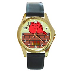 Happy Cat Fire Animals Cute Red Round Gold Metal Watch
