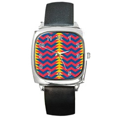 Lllustration Geometric Red Blue Yellow Chevron Wave Line Square Metal Watch