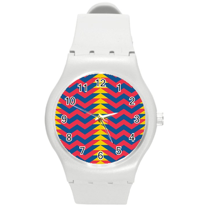 Lllustration Geometric Red Blue Yellow Chevron Wave Line Round Plastic Sport Watch (M)