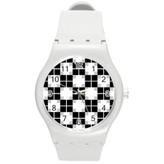 Plaid Black White Round Plastic Sport Watch (m)