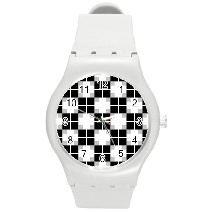 Plaid Black White Round Plastic Sport Watch (M)