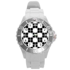 Plaid Black White Round Plastic Sport Watch (l)
