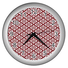 Pattern Kawung Star Line Plaid Flower Floral Red Wall Clocks (Silver) 