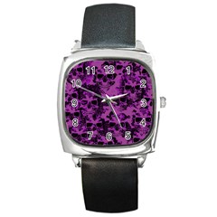 Cloudy Skulls Black Purple Square Metal Watch