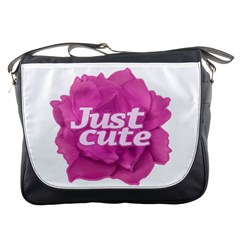 Just Cute Text Over Pink Rose Messenger Bags by dflcprints