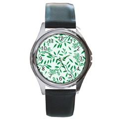 Leaves Foliage Green Wallpaper Round Metal Watch by Nexatart