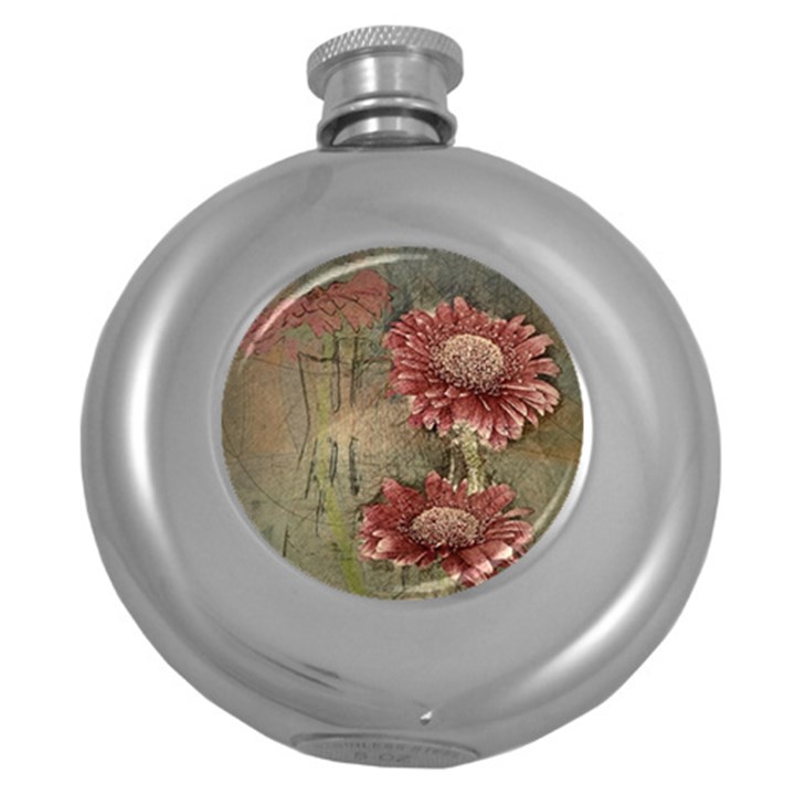 Flowers Plant Red Drawing Art Round Hip Flask (5 oz)