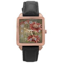 Flowers Plant Red Drawing Art Rose Gold Leather Watch  by Nexatart