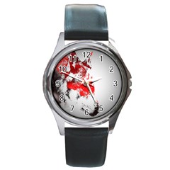 Red Black Wolf Stamp Background Round Metal Watch by Nexatart