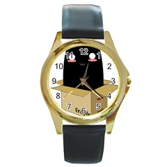 Black Cat In A Box Round Gold Metal Watch