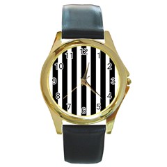 Black White Line Vertical Round Gold Metal Watch