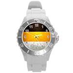 Wooden Board Yellow White Black Round Plastic Sport Watch (L) Front