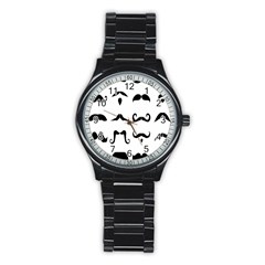 Mustache Man Black Hair Style Stainless Steel Round Watch by Mariart