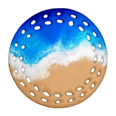 Sand Beach Water Sea Blue Brown Waves Wave Round Filigree Ornament (two Sides)