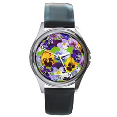 Spring Pansy Blossom Bloom Plant Round Metal Watch by Nexatart