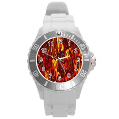 Effect Pattern Brush Red Orange Round Plastic Sport Watch (l)