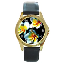 Flowers Black White Bunch Floral Round Gold Metal Watch