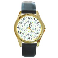 Hand Drawm Seamless Floral Pattern Round Gold Metal Watch