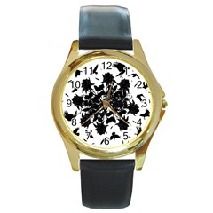 Black Roses And Ravens  Round Gold Metal Watch by Valentinaart