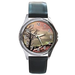 Fantasy Landscape Illustration Round Metal Watch by dflcprints