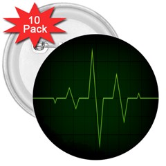 Heart Rate Green Line Light Healty 3  Buttons (10 Pack)  by Mariart