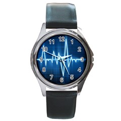 Heart Monitoring Rate Line Waves Wave Chevron Blue Round Metal Watch