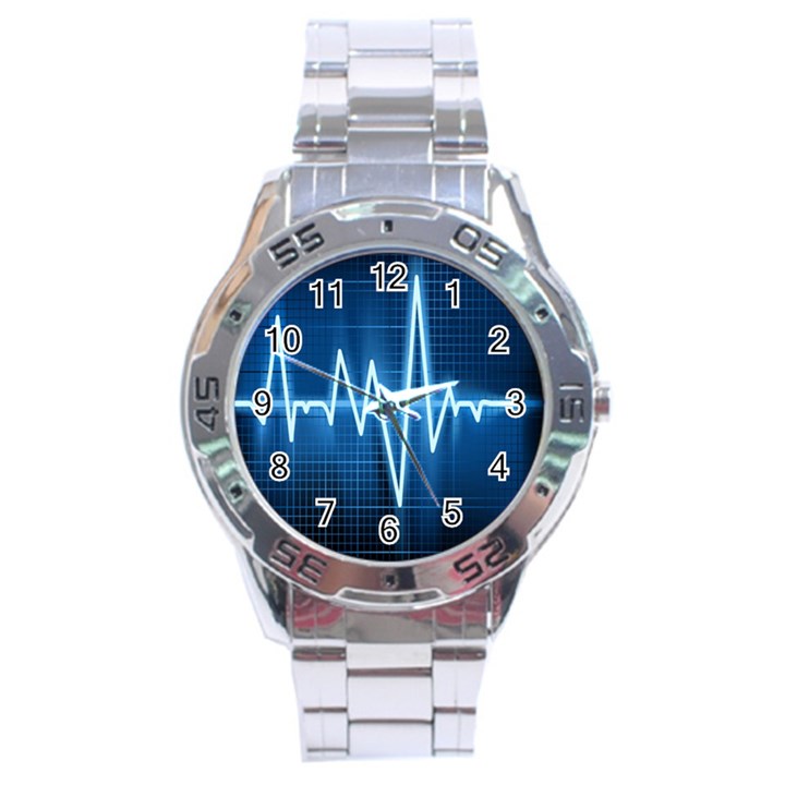 Heart Monitoring Rate Line Waves Wave Chevron Blue Stainless Steel Analogue Watch