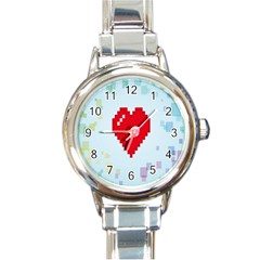 Red Heart Love Plaid Red Blue Round Italian Charm Watch