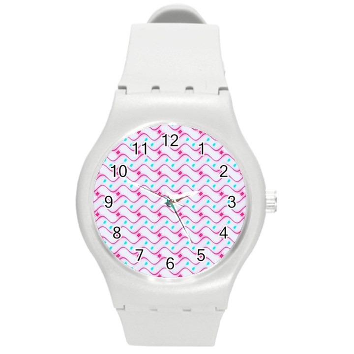 Squiggle Red Blue Milk Glass Waves Chevron Wave Pink Round Plastic Sport Watch (M)