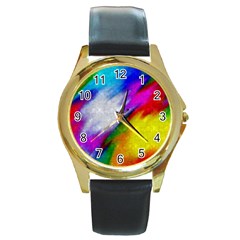 Rainbow Colors              Round Gold Metal Watch by LalyLauraFLM