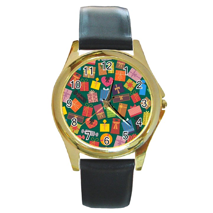 Presents Gifts Background Colorful Round Gold Metal Watch