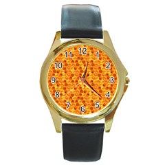 Honeycomb Pattern Honey Background Round Gold Metal Watch by Nexatart