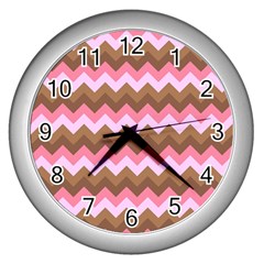 Shades Of Pink And Brown Retro Zigzag Chevron Pattern Wall Clocks (silver)  by Nexatart