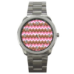 Shades Of Pink And Brown Retro Zigzag Chevron Pattern Sport Metal Watch by Nexatart