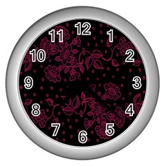 Pink Floral Pattern Background Wall Clocks (silver)  by Nexatart