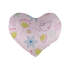 Pretty Summer Garden Floral Bird Pink Seamless Pattern Standard 16  Premium Flano Heart Shape Cushions