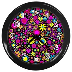 Bright And Busy Floral Wallpaper Background Wall Clocks (black)