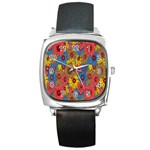 Background With Multi Color Floral Pattern Square Metal Watch Front