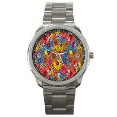 Background With Multi Color Floral Pattern Sport Metal Watch by Nexatart