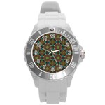 Seamless Abstract Peacock Feathers Abstract Pattern Round Plastic Sport Watch (L) Front